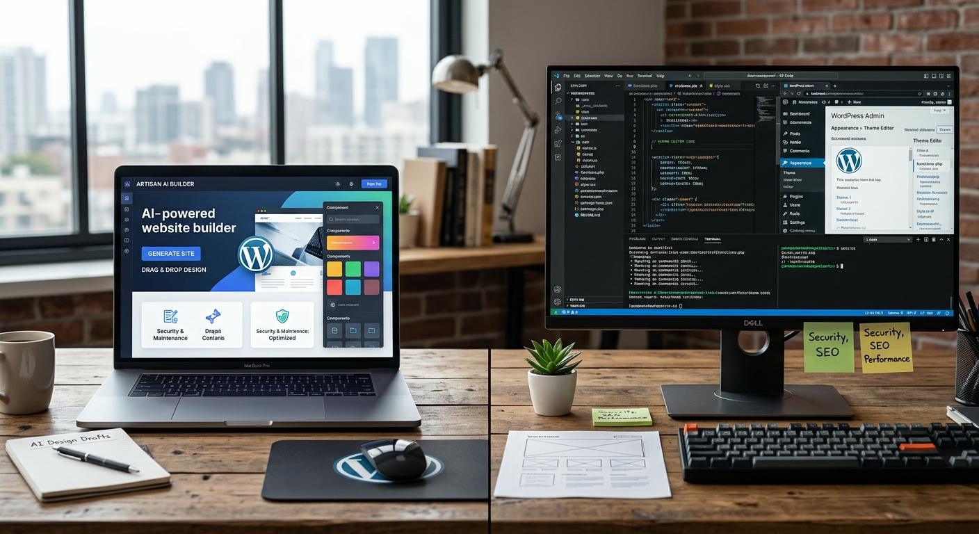 AI website builder interface beside professional web development tools on a modern workspace