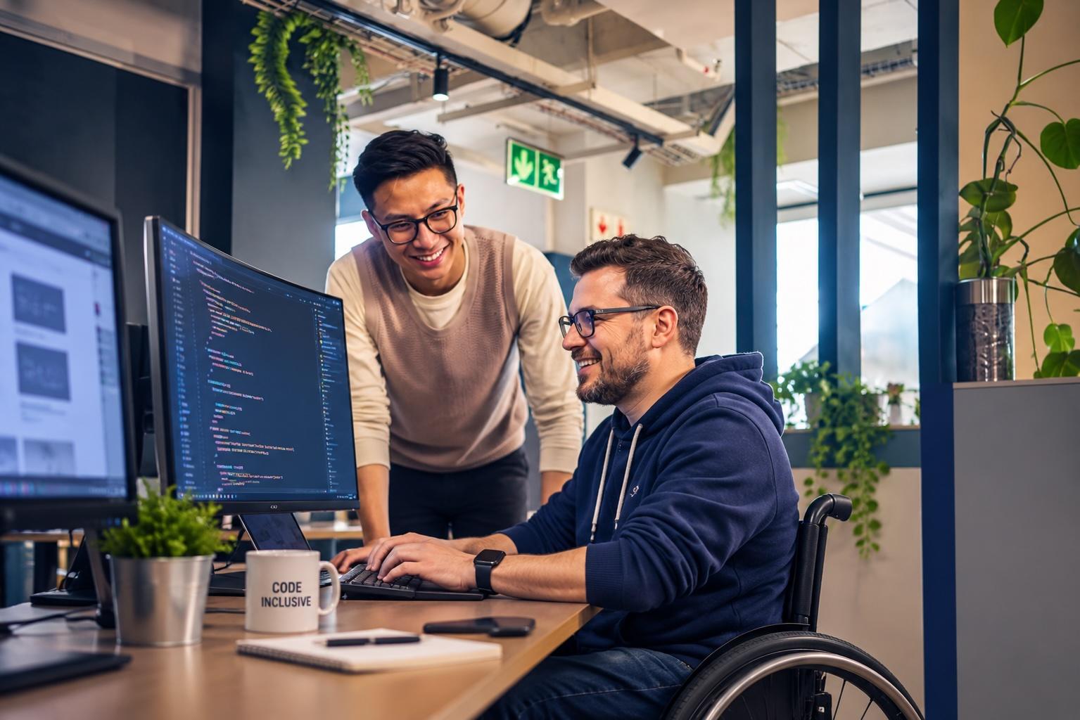 Web developer using a wheelchair coding at his desk alongside a colleague in a modern office